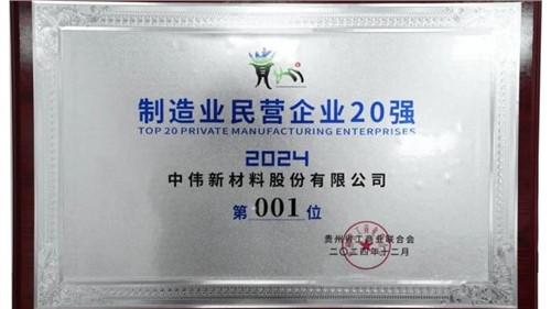 連續(xù)三年！中偉股份蟬聯(lián)“貴州制造業(yè)民營企業(yè)20強”榜首